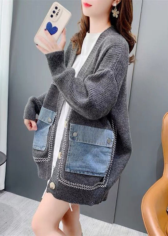 Grey Patchwork Denim Knit Loose Cardigans V Neck Pockets Winter