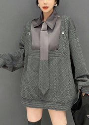 Grey Patchwork Knit Fake Two Piece Sweater Tops Oversized Winter