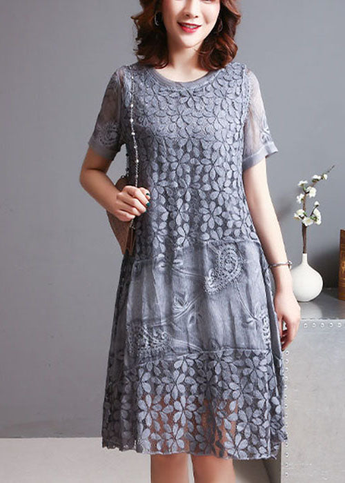 Grey Patchwork Lace Holiday Dress Embroidered Summer