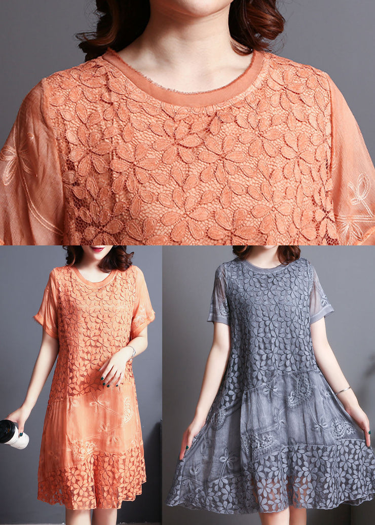 Grey Patchwork Lace Holiday Dress Embroidered Summer