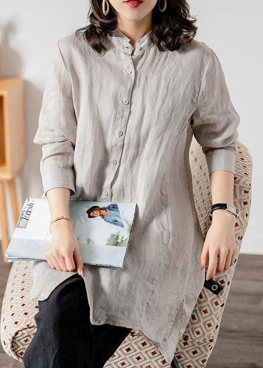 Grey Patchwork Linen Blouses Button Bracelet Sleeve