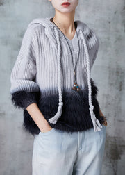 Grey Patchwork Mink Hair Knitted Sweatshirt Streetwear Hooded Spring