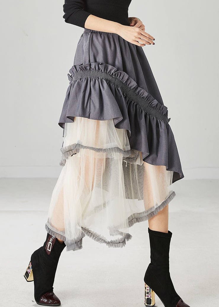 Grey Patchwork Ruffled Cotton Skirt Asymmetrical Spring