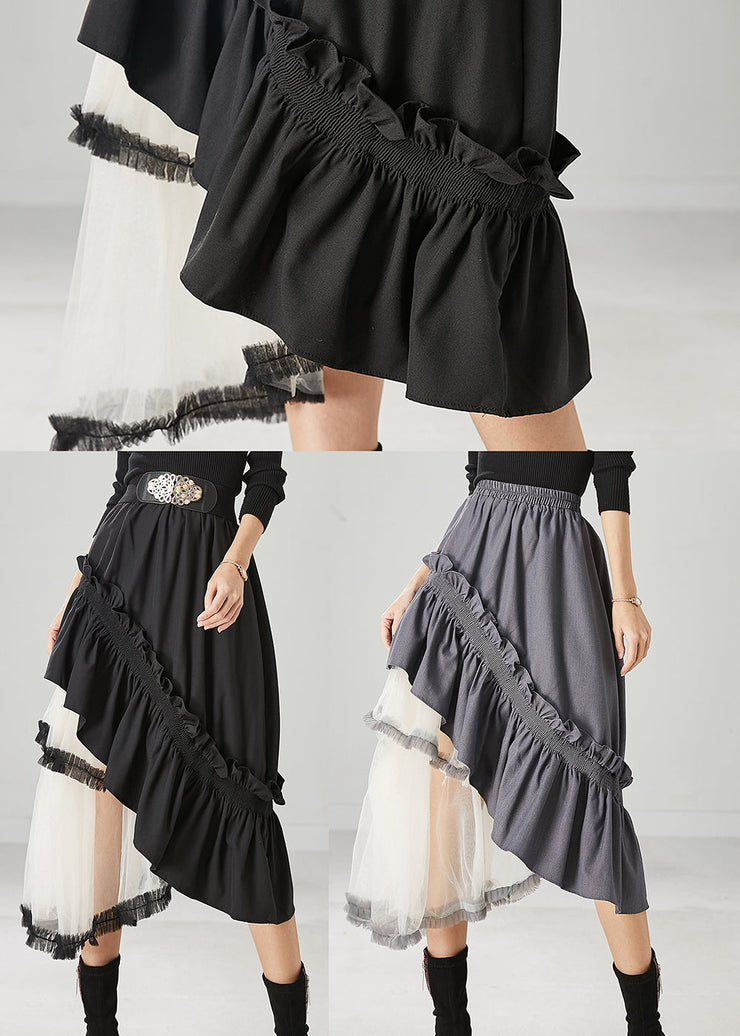 Grey Patchwork Ruffled Cotton Skirt Asymmetrical Spring