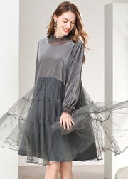 Grey Patchwork Silk Velour Holiday Dresses Oversized High Neck Spring