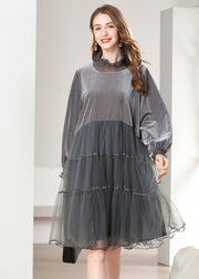 Grey Patchwork Silk Velour Holiday Dresses Oversized High Neck Spring