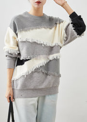 Grey Patchwork Thick Knit Short Sweater Tasseled Winter