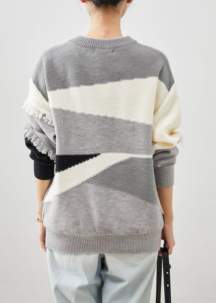 Grey Patchwork Thick Knit Short Sweater Tasseled Winter