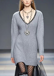 Grey Patchwork Tulle Knitwear Dress Hollow Out Winter