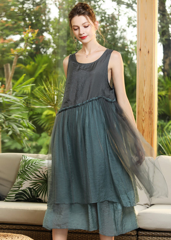 Grey Patchwork Tulle Vacation Dresses Ruffled Sleeveless