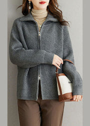 Grey Patchwork Women Wool Coats Peter Pan Collar Zippered Fall