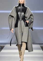 Grey Patchwork Woolen Cinched Trenchs Asymmetrical Fall