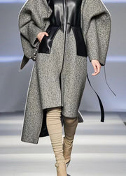 Grey Patchwork Woolen Cinched Trenchs Asymmetrical Fall