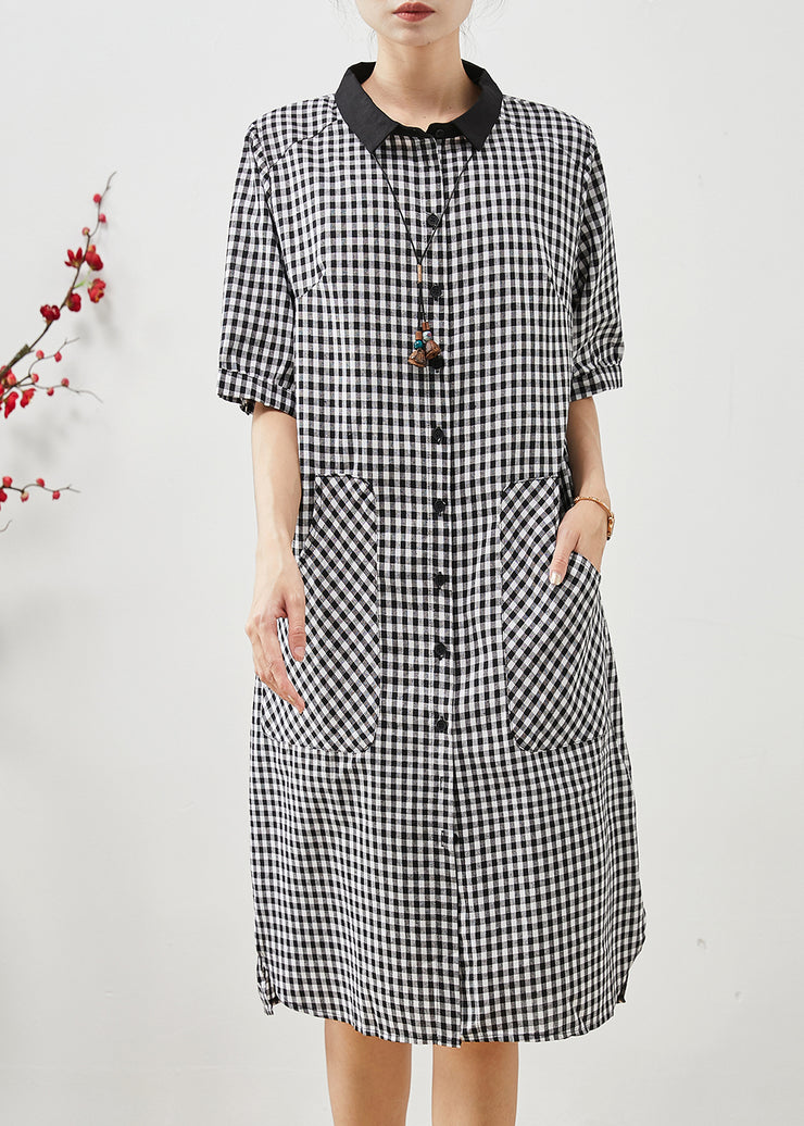 Grey Plaid Linen Shirt Dress Oversized Summer