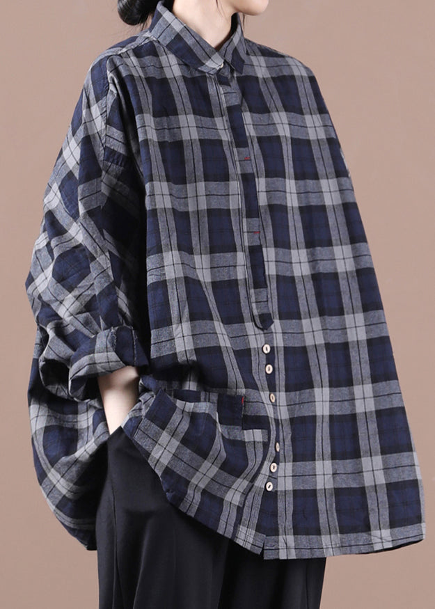 Grey Plaid Peter Pan Button Collar Pockets Cotton Shirt Long Sleeve