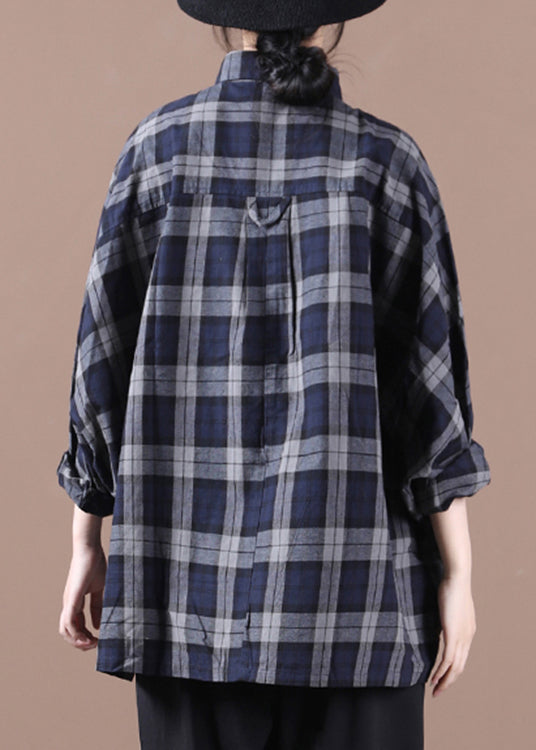 Grey Plaid Peter Pan Button Collar Pockets Cotton Shirt Long Sleeve