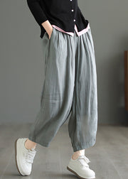 Grey Pockets Elastic Waist Loose Linen Pants Summer