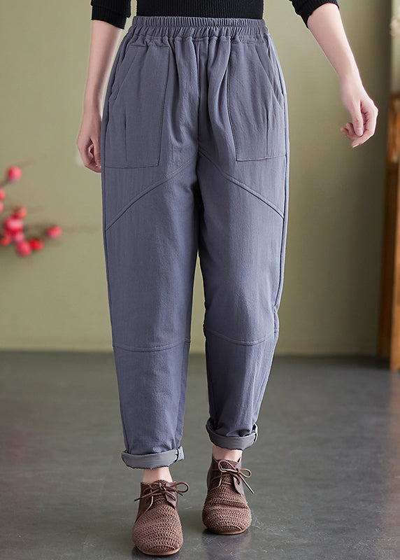 Grey Pockets Loose Fine Cotton Filled Pants Elastic Waist Winter