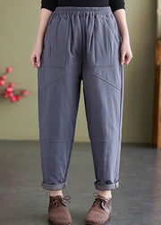 Grey Pockets Loose Fine Cotton Filled Pants Elastic Waist Winter