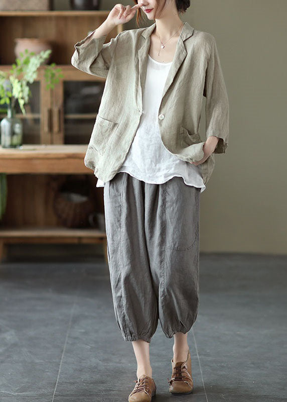 Grey Pockets Patchwork Linen Harem Pants Elastic Waist Summer