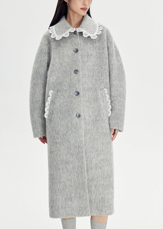 Grey Pockets Patchwork Woolen Coats Peter Pan Collar Fall