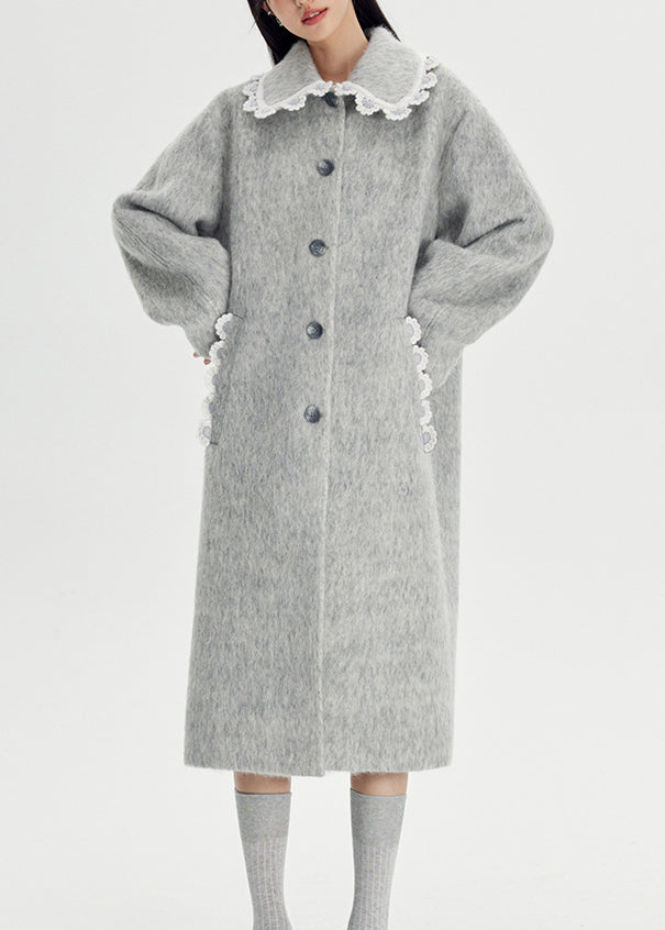 Grey Pockets Patchwork Woolen Coats Peter Pan Collar Fall