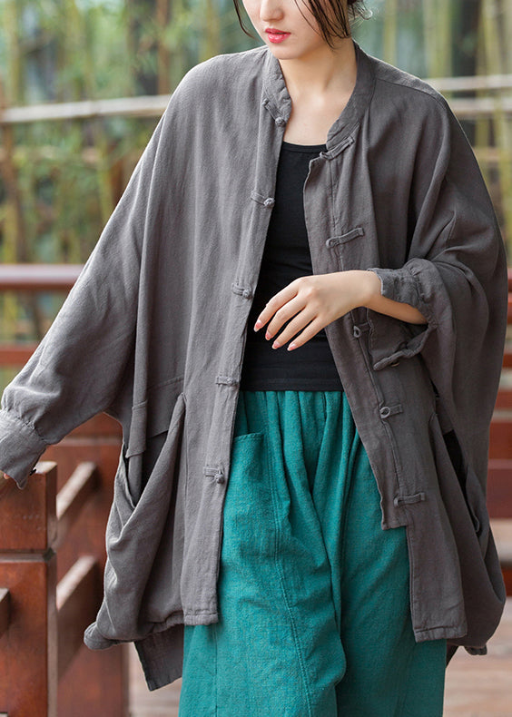 Grey Pockets Solid Linen Coats Stand Collar Fall