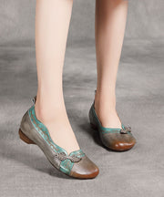 Grey Print Cowhide Leather Flat Shoes For Women Splicing Flats