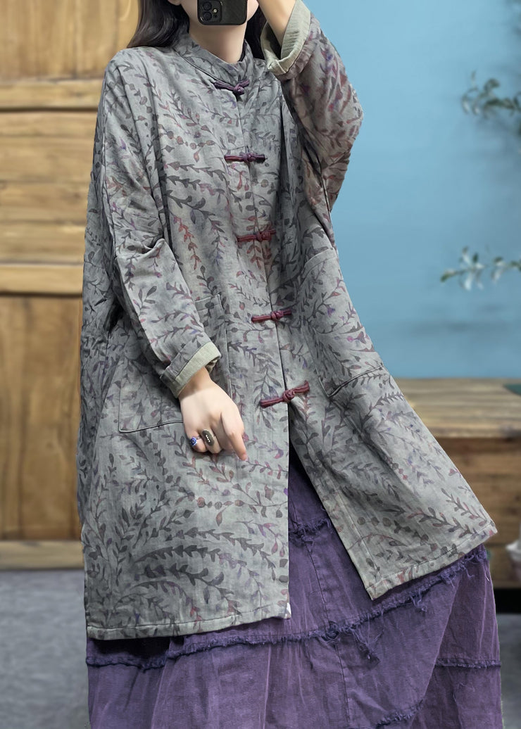 Grey Print Patchwork Linen Coat Stand Collar Spring