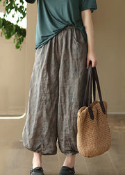 Grey Print Pockets Linen Lantern Pants High Waist Summer