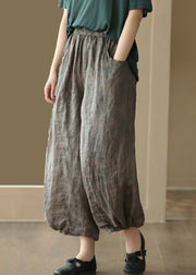 Grey Print Pockets Linen Lantern Pants High Waist Summer