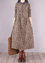 Grey Print Pockets Patchwork Fine Cotton Filled Dress Wrinkled Winter