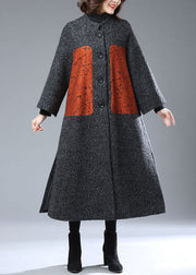 Grey Print Woolen Trench Coats Button Side Open Winter