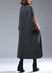 Grey Print Woolen Trench Coats Button Side Open Winter