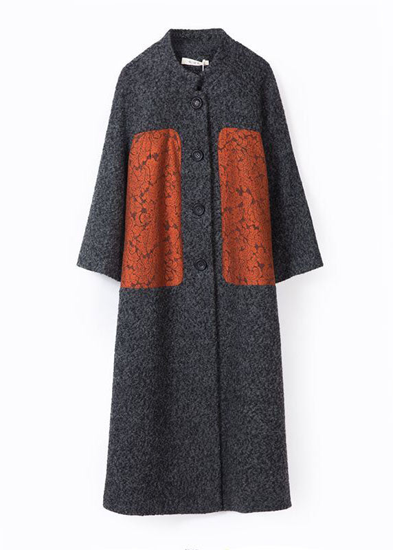 Grey Print Woolen Trench Coats Button Side Open Winter