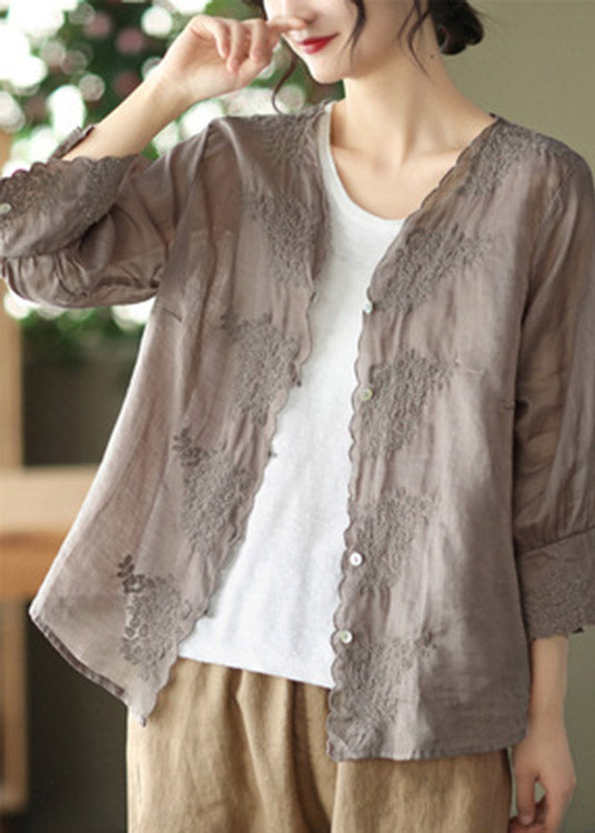 Grey Purple V Neck Button Linen Shirt Long Sleeve