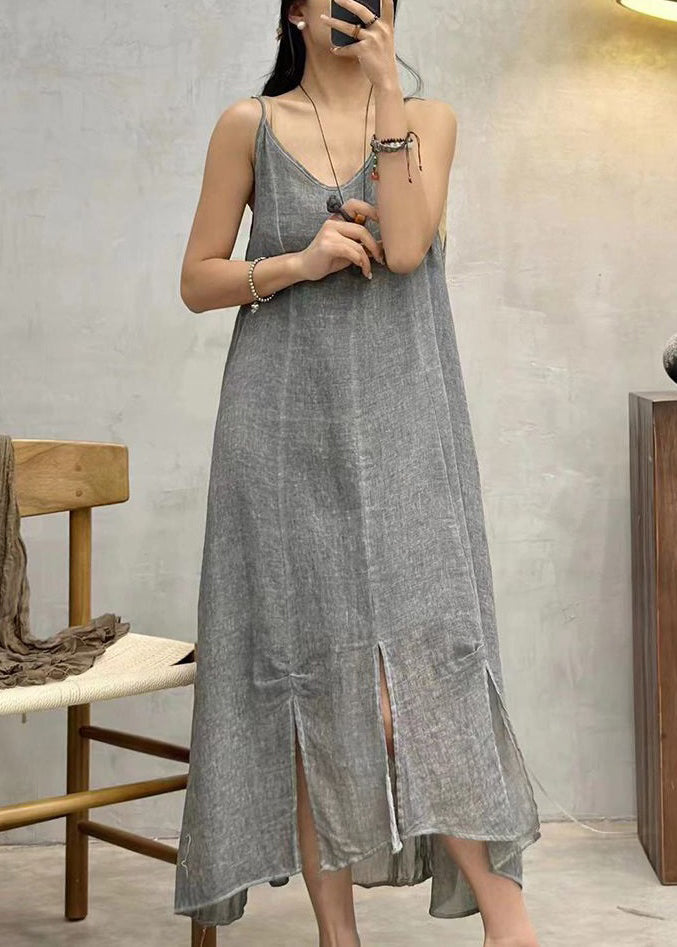 Grey Side Open Linen Spaghetti Strap Dress V Neck Summer