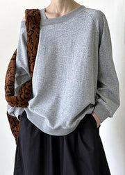 Grey Solid Cotton Top Asymmetrical Long Sleeve