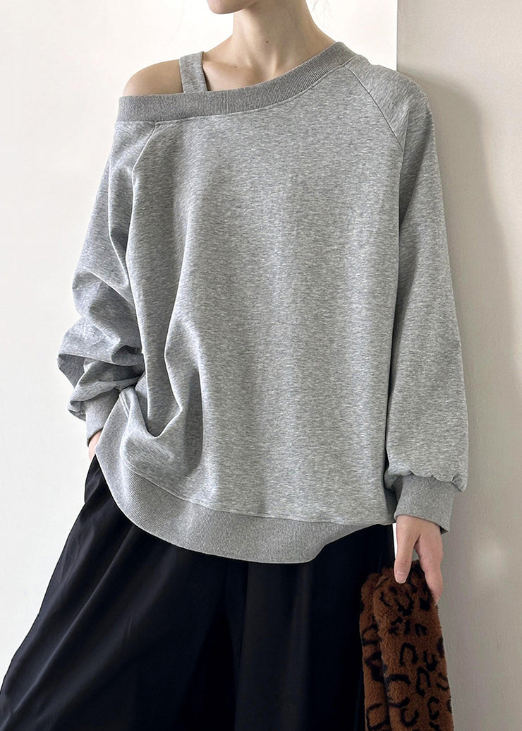 Grey Solid Cotton Top Asymmetrical Long Sleeve