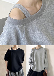 Grey Solid Cotton Top Asymmetrical Long Sleeve