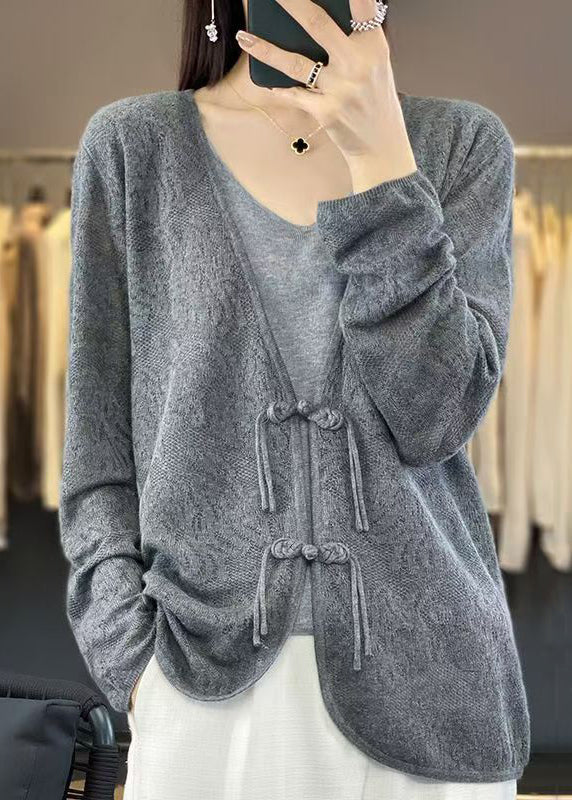 Grey Solid Cozy Knit Cardigans V Neck Long Sleeve