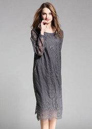 Grey Solid Lace Party Dress O-Neck Hollow Out Long Sleeve