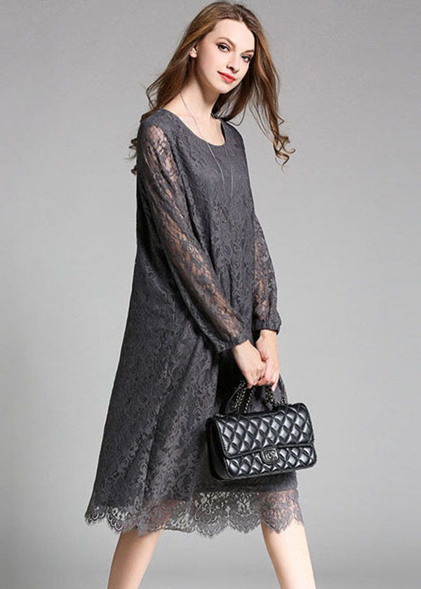 Grey Solid Lace Party Dress O-Neck Hollow Out Long Sleeve