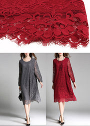 Grey Solid Lace Party Dress O-Neck Hollow Out Long Sleeve