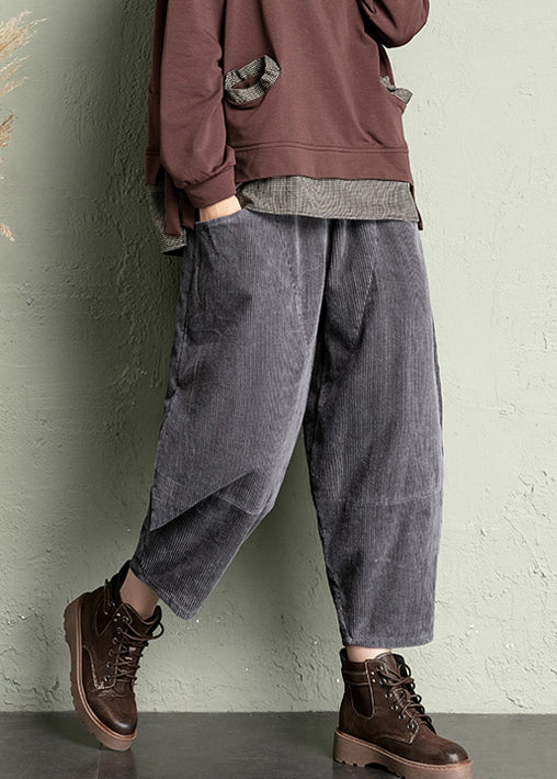 Grey Solid Loose Corduroy Crop Pants High Waist Spring