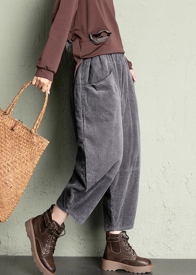 Grey Solid Loose Corduroy Crop Pants High Waist Spring