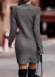 Grey Solid Patchwork Knit Fall Mid Dress O Neck