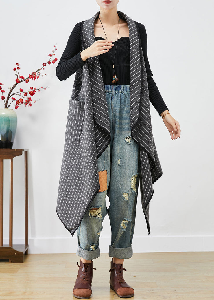 Grey Striped Cotton Long Vest Asymmetrical Oversized Fall