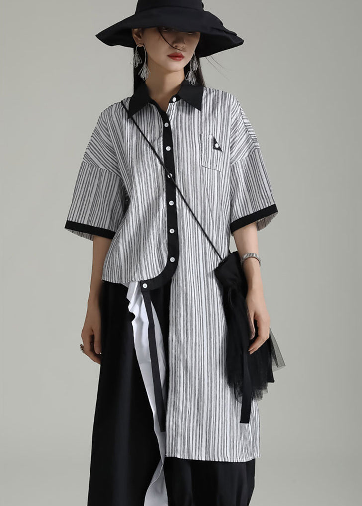 Grey Striped Patchwork Cotton Shirt Tops Asymmetrical Summer