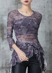 Grey Tie Dye Tulle Top Asymmetrical Silm Fit Spring